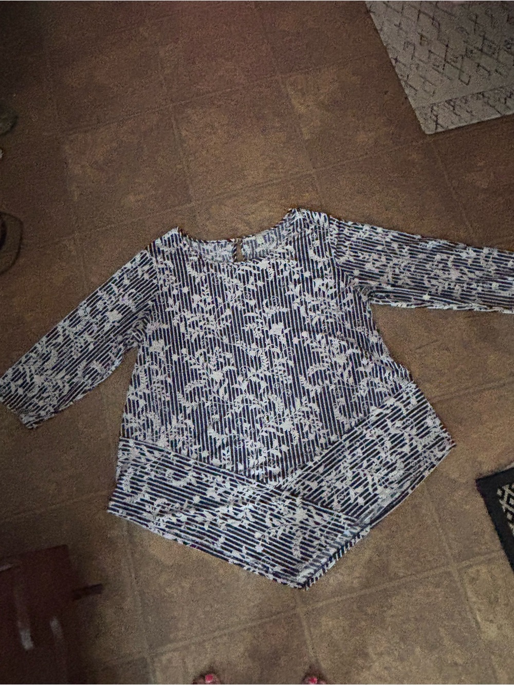 Women's Navy and White Patterned Boatneck Top